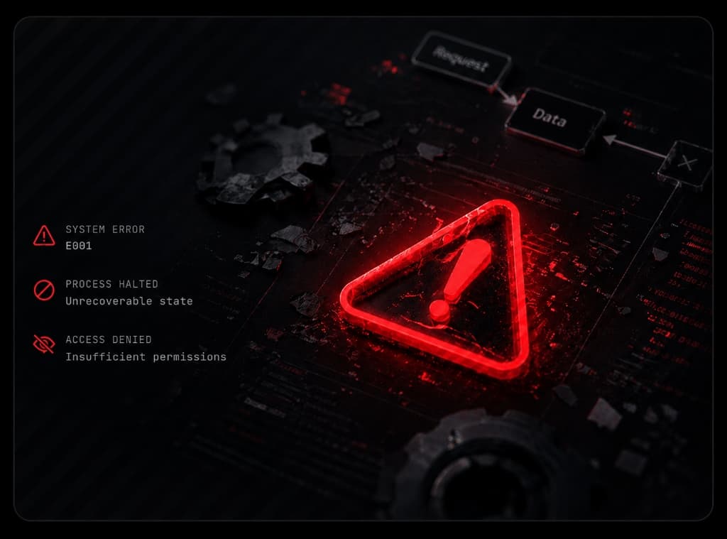 Operational Failure — circuit board with glowing red warning triangle, system error and process halted indicators